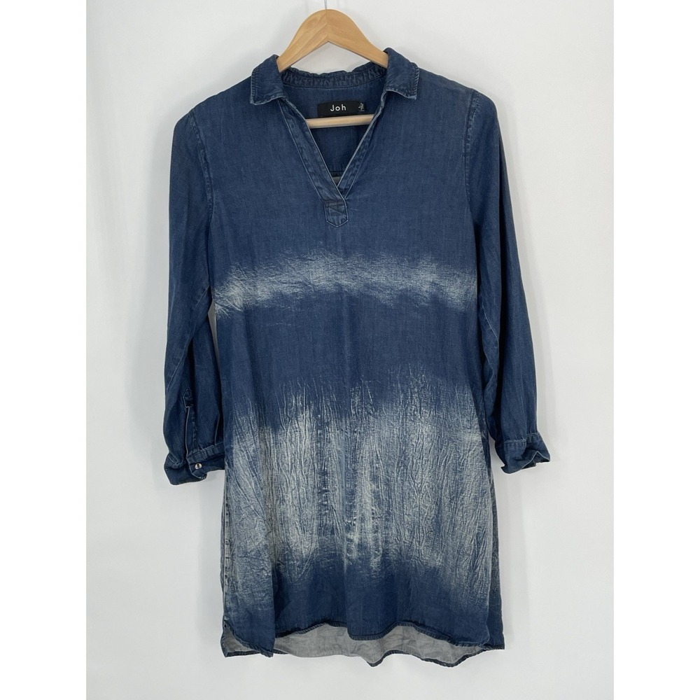 Joh‎ Womens V Neck Dress Size Large 100% Cotton Blue Tie Dyed Ombre Boho